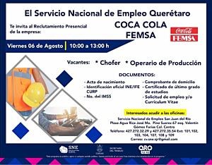 Reclutamiento presencial para la empresa Coca Cola FEMSA en el municipio de San Juan del Río